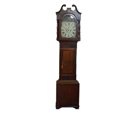 Hamilton, Congleton longcase clock, 8-day movement, striking on single bell, re-painted dial with autometer to arch depicting