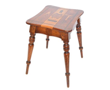 19th-century oak, walnut and parquetry stool stamped J. Smith, oblong seat inlaid with Masonic symbols, dividers set square, 