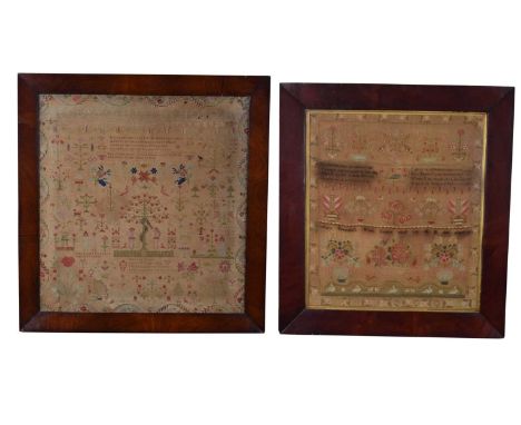 A Victorian needlework sampler worked by Hannah Baker aged 14, dated 1855, daughter of James and Sarah Baker, Goathland, poly