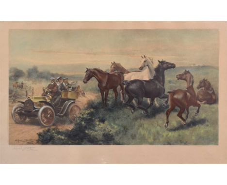 Alfred Strutt, 2 signed motoring and equestrian themed lithograph prints. Frames: 56.5cm x 81cm. Paper: 47.5cm x 72cm