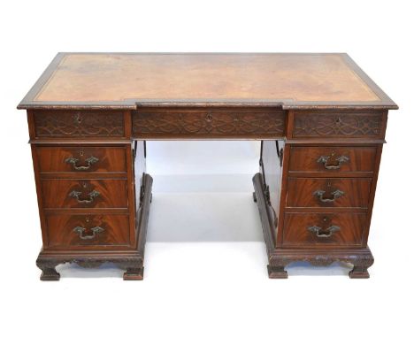 Edwardian mahogany Chippendale design twin pedestal desk writing desk, leather inset top with three frieze drawers, blind fre