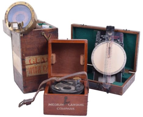 Military scientific instruments:Mid 20th century,An airspeed scale dial, for knots and MPH ratios, cased; a A.M. medium Landi