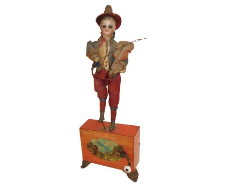 A Manoville violinist automaton,Circa 1890, Playing a single air, with crank drive, violinist standing atop with painted bisq