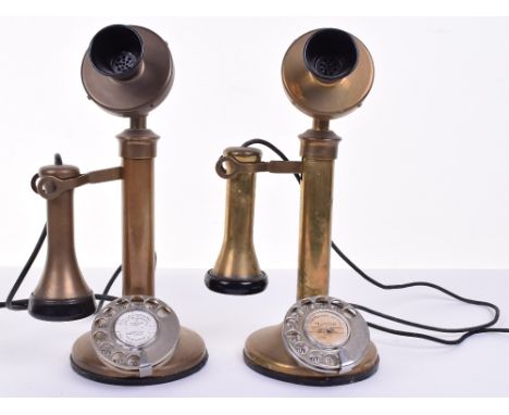 A near-pair of vintage/retro candlestick telephones,Each with dials, black fittings and braid, parts renewed to working order