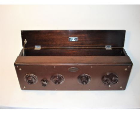 An Atwater Kent type 20 wireless receiver,No valves, but all else present and correct, three-stage tuning, brown painted meta