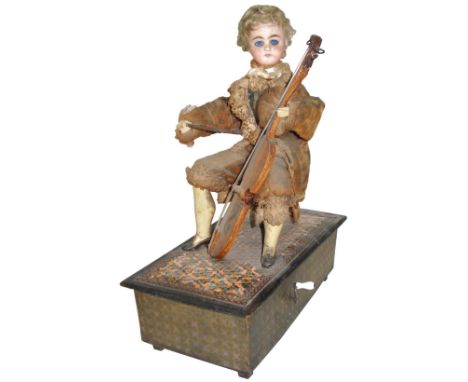 An early hand-crank cellist musical automaton,French, circa 1860,The seated boy cellist with finely painted bisque head, inse