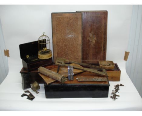 Cylinder musical box part-movements, cases and lids:For restoration/spares – a mandoline cylinder, comb and bedplate in case;