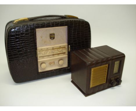 An Air King Midget wireless receiver,Vertical linier dial, gilt ladder grille in ribbed brown Bakelite case; and an Ultra Twi