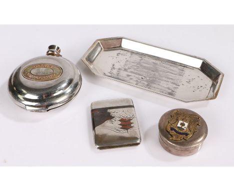 Silver plated trinket tray, Oriental inspired white metal matchbook holder with internal striker, white metal pill pot and co