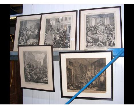 Five antique engravings, including 'First Stage of Cruelty'  