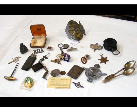 A sundry lot of collectables including a cast bronze buddha, military pin badges, silver spoons, car medallions etc