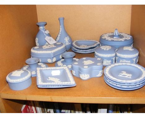 A variety of Wedgwood blue jasperware including heart shaped trinket dish