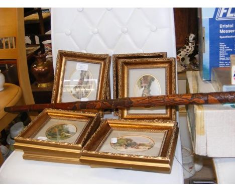 Eight framed miniatures together with an Oriental bamboo walking stick