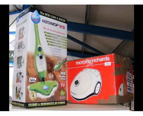 A H20MOPX5 5 in 1 steam cleaner, alongside Morphy Richards compact hoover 