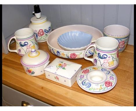 Various Poole pottery floral ceramics including a table lamp etc