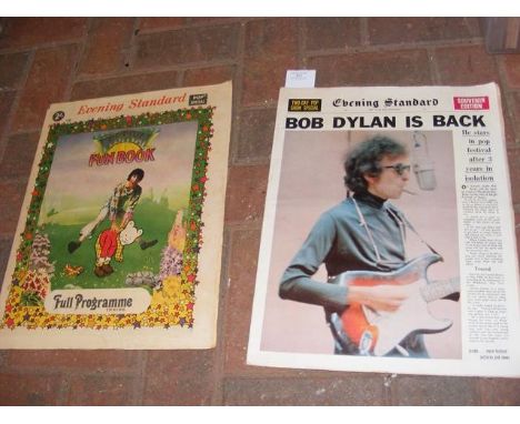 A 1969 Evening Standard celebrating Bob Dylan at the Isle of Wight Festival, together with a 1970 Evening Standard Festival F