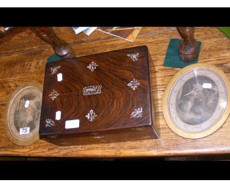 A Mother of Pearl inlaid work box, together with two oval engravings 