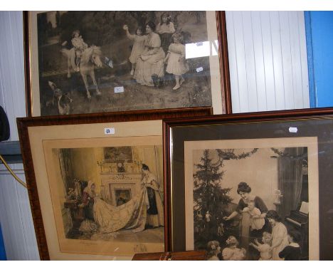 Two monochrome engravings - 'Children on Horseback' and His First Christmas', together with one other 