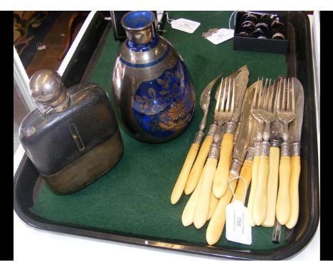 A selection of silver plate cutlery together with a leather and silver plate hip flask etc