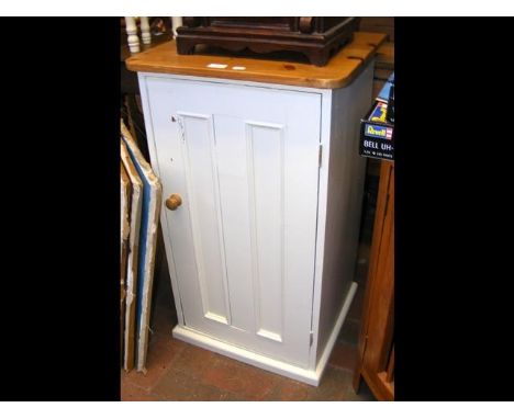 A pine utility cupboard, partially painted off-white, together with an old pine wall shelf unit 