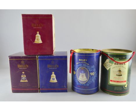 Five Christmas Bells Whisky ceramic decanters 1989,2000,2001,2002  and 1986 90th Birthday Queen Mother 