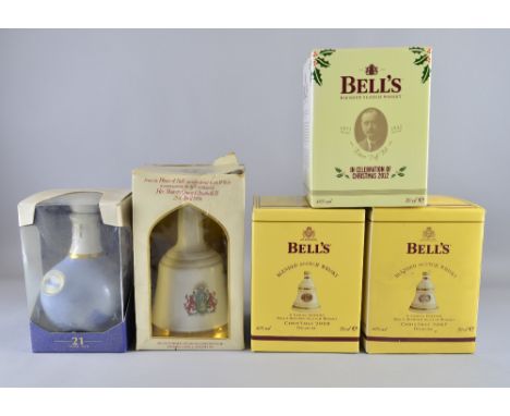 Five Christmas Bell's Whisky ceramic decanters 2007, 2008, 2012, Queen Elizabeth 60th Birthday 1986, Isle of Skye 21 Yr old W