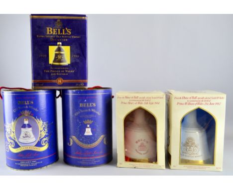 Bell's Prince William birth ceramic decanter 1982, Prince Henry birth 1984, Prince of Wales 50th Birthday 1998, Princess Euge