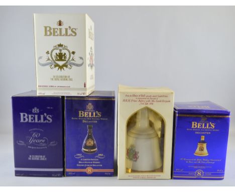 Bell's Kate and William wedding ceramic Whisky decanter 2011, Andrew and Sarah wedding 1986, Queen Elizabeth 50yr Reign 2012,