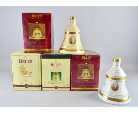 Six Christmas Bell's Whisky ceramic decanters  1996(2), 1997, 1998, 2010,2009 