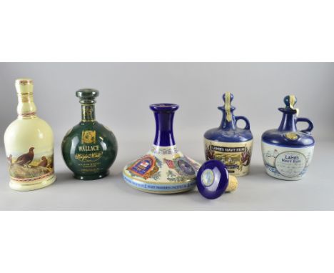 Prince Andrew and Sarah Ferguson wedding rum 1986, HMS Warrior Lambs Navy Rum decanter, Wallace Famous Grouse Whisky liquer n