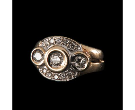 14k gold set with 13 brilliant cut diamonds, largest diameter 3 mm, ring size 18