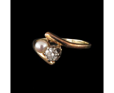 14k gold set with pearl and diamond, diameter approx. 4 mm, ring size 18
