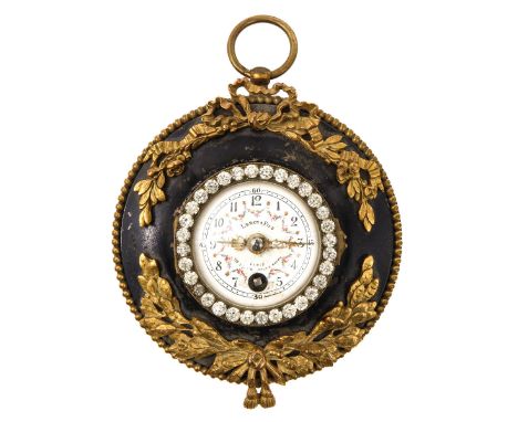 Signed Le Roy &amp; Fils, France, gilded metal, with enamel dial, set with rhinestones, diameter 12 cm.
