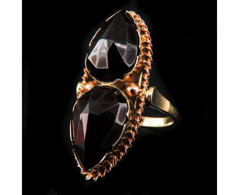 14k gold, set with 2 pieces of garnet, ring size 18