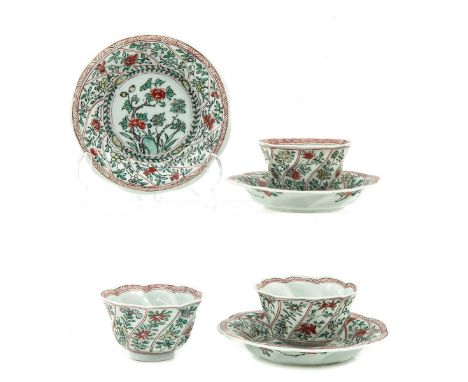 Famille Verte floral decor, Kangxi Period, saucers are 13 cm. in diameter.