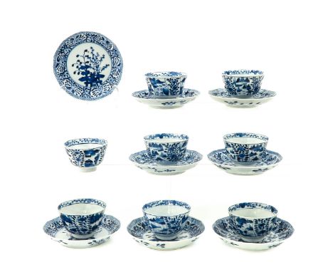 Floral decor with sacred fungus in center saucers,  Kangxi mark, saucers are 13 cm. in diameter, chip.