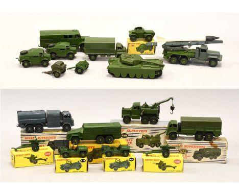 Dinky Military 677 Armoured Command Vehicle, 2x674 Austin Champs and 2x686 25 pounder Field guns plastic hubs and barrels (al