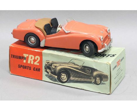 Victory Models 1:18 Scale Triumph TR2 battery operated, salmon pink (G-E, lacks rear indicators and one windscreen replaced, 