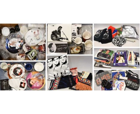 Elvis Presley Various Ceramics And Other Collectables including mugs, cups, plates; cloth items: tee shirts, pennants, cushio
