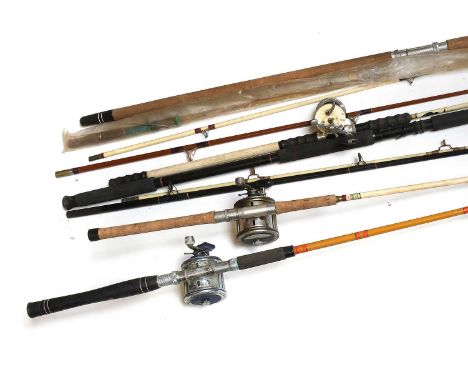 Various Sea Fishing Items consisting of five sea rods by makers including Shakespeare and Sigma along with three multiplier r