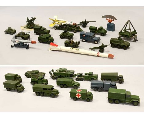 Dinky Military Centurion tank and transporter, Recovery truck, RAF refueller, Medium artillery tractor, Army wagon, and other