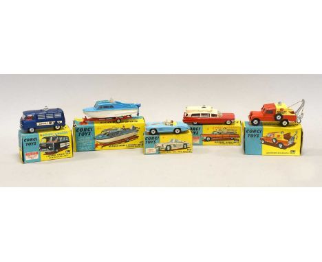 Corgi Five Vehicles 303S Mercedes 300SL open 464 Commer Police van, 417 Land Rover, 437 Superior ambulance and 104 Dolphin 20