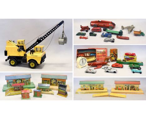 Various Tin Toys Louis Marx (GB) Mystery Garage track toy (boxed) British Railways track toy, presses steel open wheel Racing