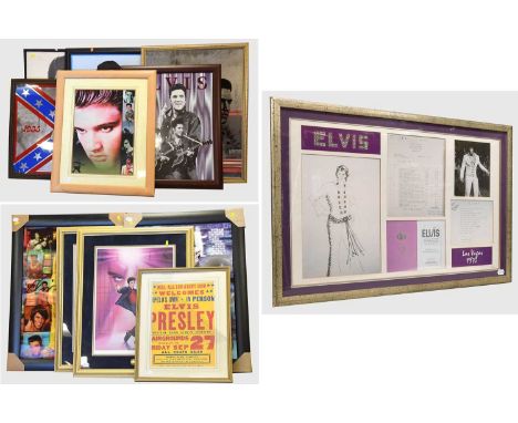 Elvis Presley Various Framed Photographs And Other Items and three tin signs (28)