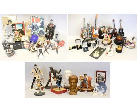 Elvis Presley Various Collectors Items including assorted figurines, a few items of costume jewellery, glass ornaments, model