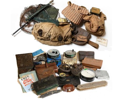 An Assortment of Fishing Tackle consisting of a Hardy St Aiden fly reel, a repaired Allcocks Aerial centre pin reel, card box