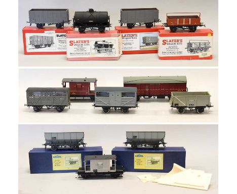 Slaters Four Wagon Kits together with two MKD1 21 ton coal hopper wagons and six other wagons; Prolix NER/LNER Snowplough kit