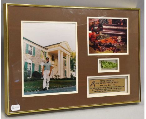Elvis Preseley Remnant Of Carpet From Graceland in frame with two photographs and legend "The following remnant of green carp