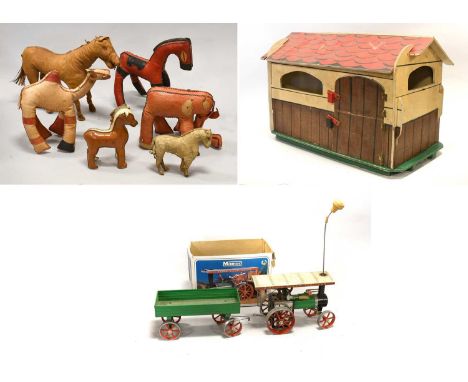 Mamod TE1a Traction Engine (G-F box G-F) and a Trailer (G) together with a wooden barn and a few horse figures