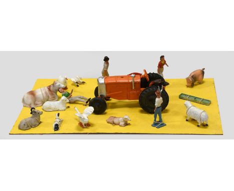 Crescent No.2703 Farm Set with tractor, figures and animals, in set box with correct label (G-E, some fatigure visible in tra